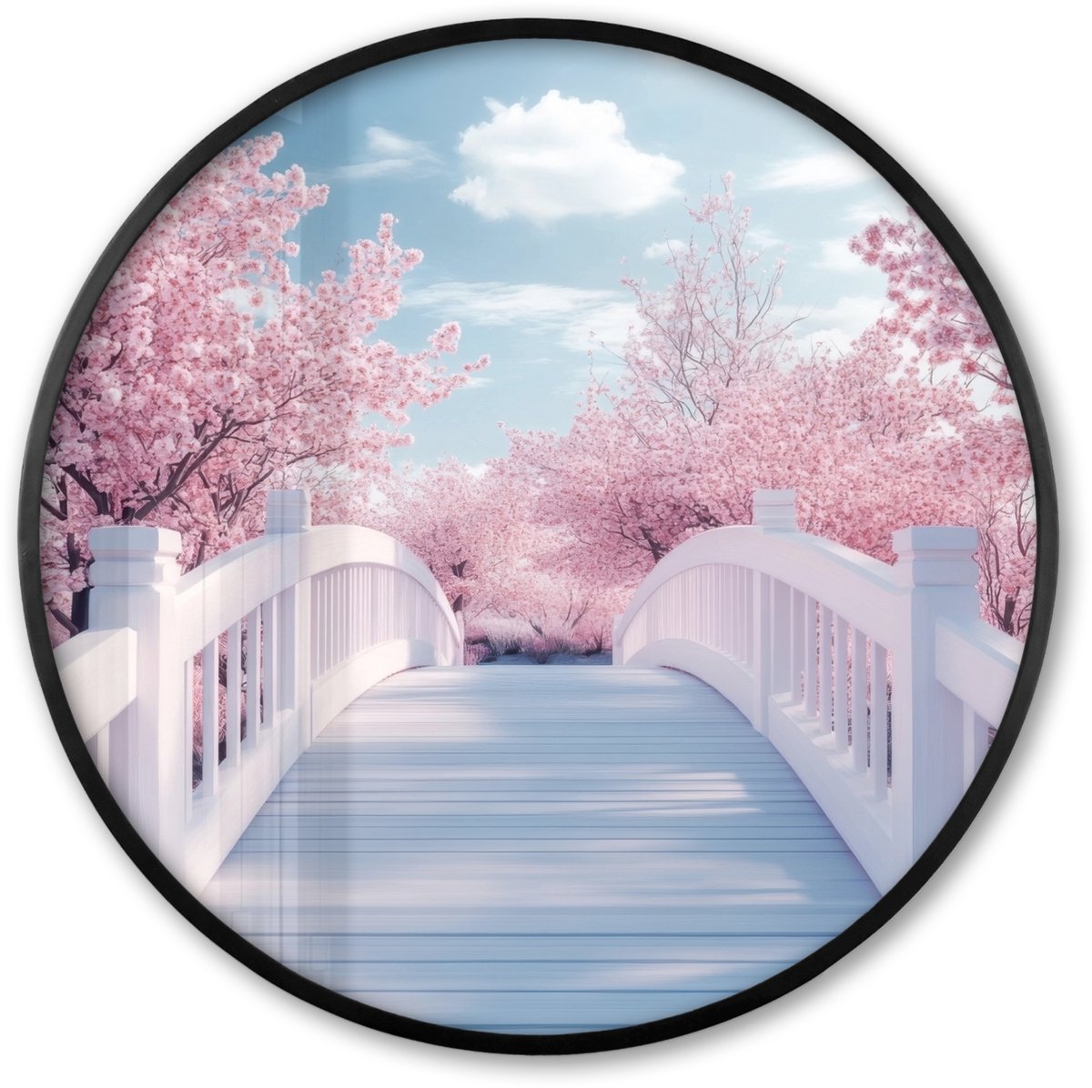 FrameYourWall Poster in lijst Rond - Fotolijst 60x60 cm - Posters - Brug - Kersenbomen - Wit - Ronde posterlijst zwart - Decoratie - Wanddecoratie woonkamer - Muurdecoratie slaapkamer Brug - Sakura