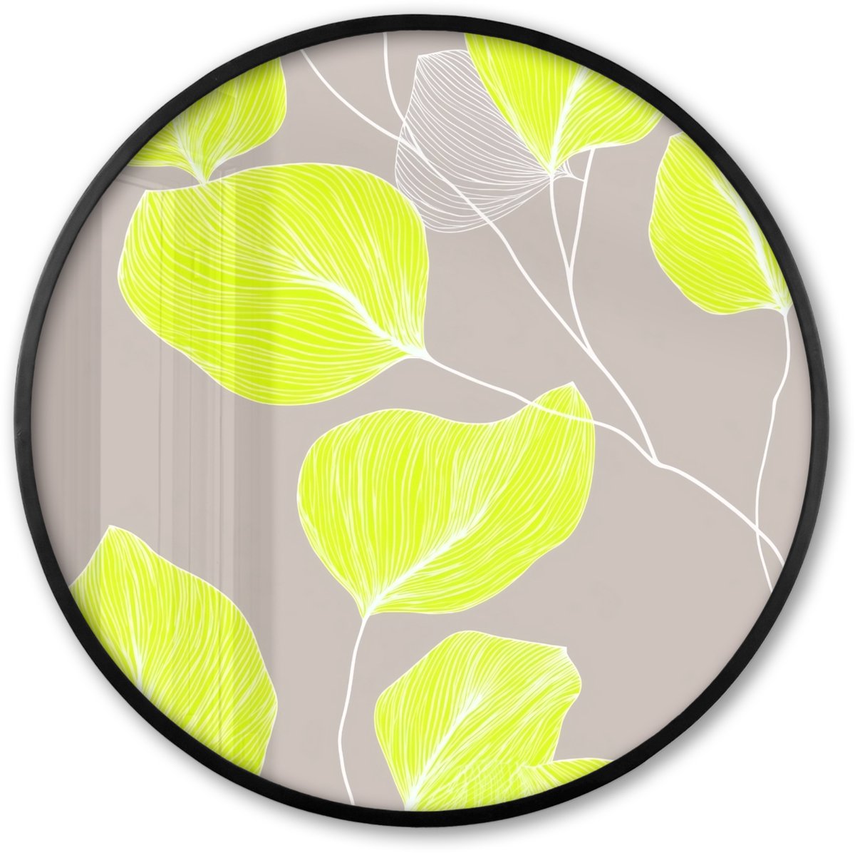 FrameYourWall Poster in lijst Rond - Fotolijst 60x60 cm - Posters - Bladeren - Neon - Geel - Lijnen - Ronde posterlijst zwart - Decoratie - Wanddecoratie woonkamer - Muurdecoratie slaapkamer