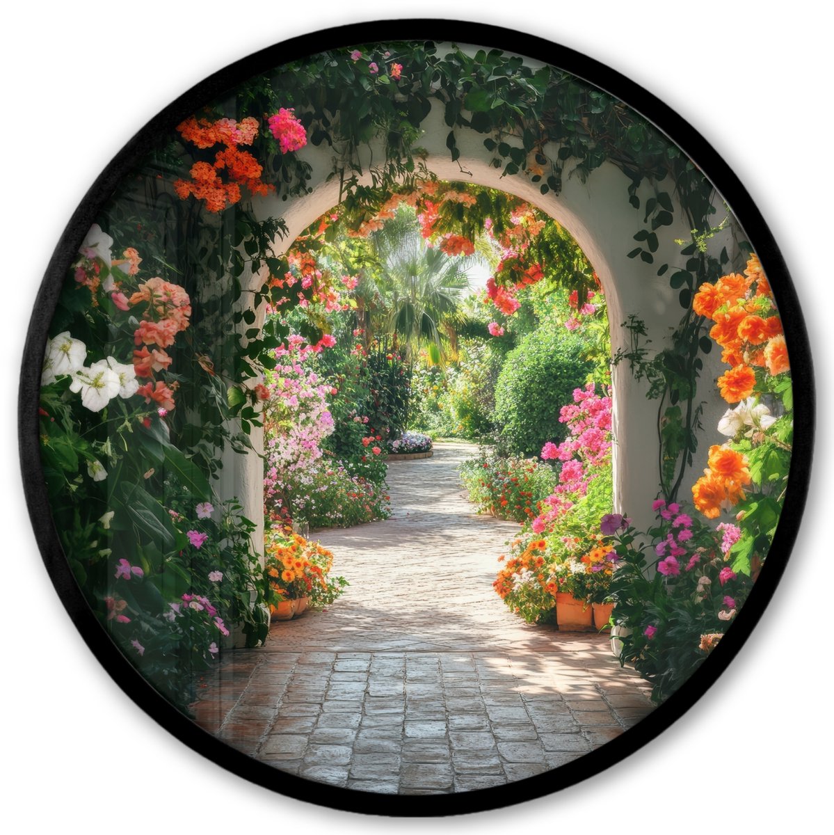 FrameYourWall Poster in lijst Rond - Fotolijst 40x40 cm - Posters - Doorkijk - Bloemen - Natuur - Bloementuin - Ronde posterlijst zwart - Decoratie - Wanddecoratie woonkamer - Muurdecoratie slaapkamer Boog - Bloemen