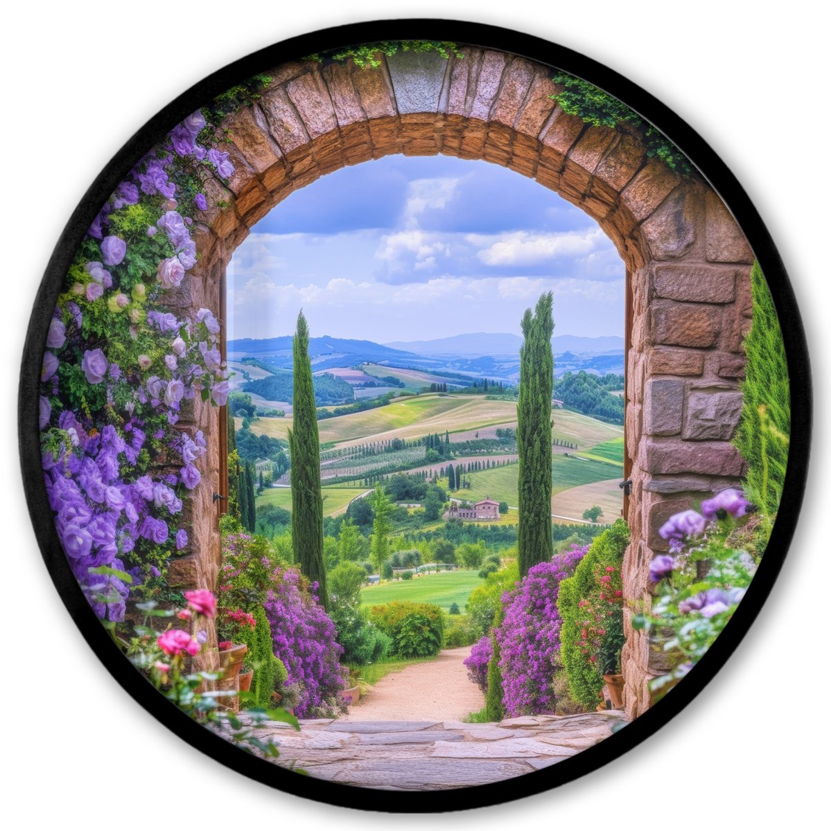 FrameYourWall Poster in lijst Rond - Fotolijst 40x40 cm - Posters - Doorkijk - Toscane - Landschap - Poort - Ronde posterlijst zwart - Decoratie - Wanddecoratie woonkamer - Muurdecoratie slaapkamer Poort - Tuin