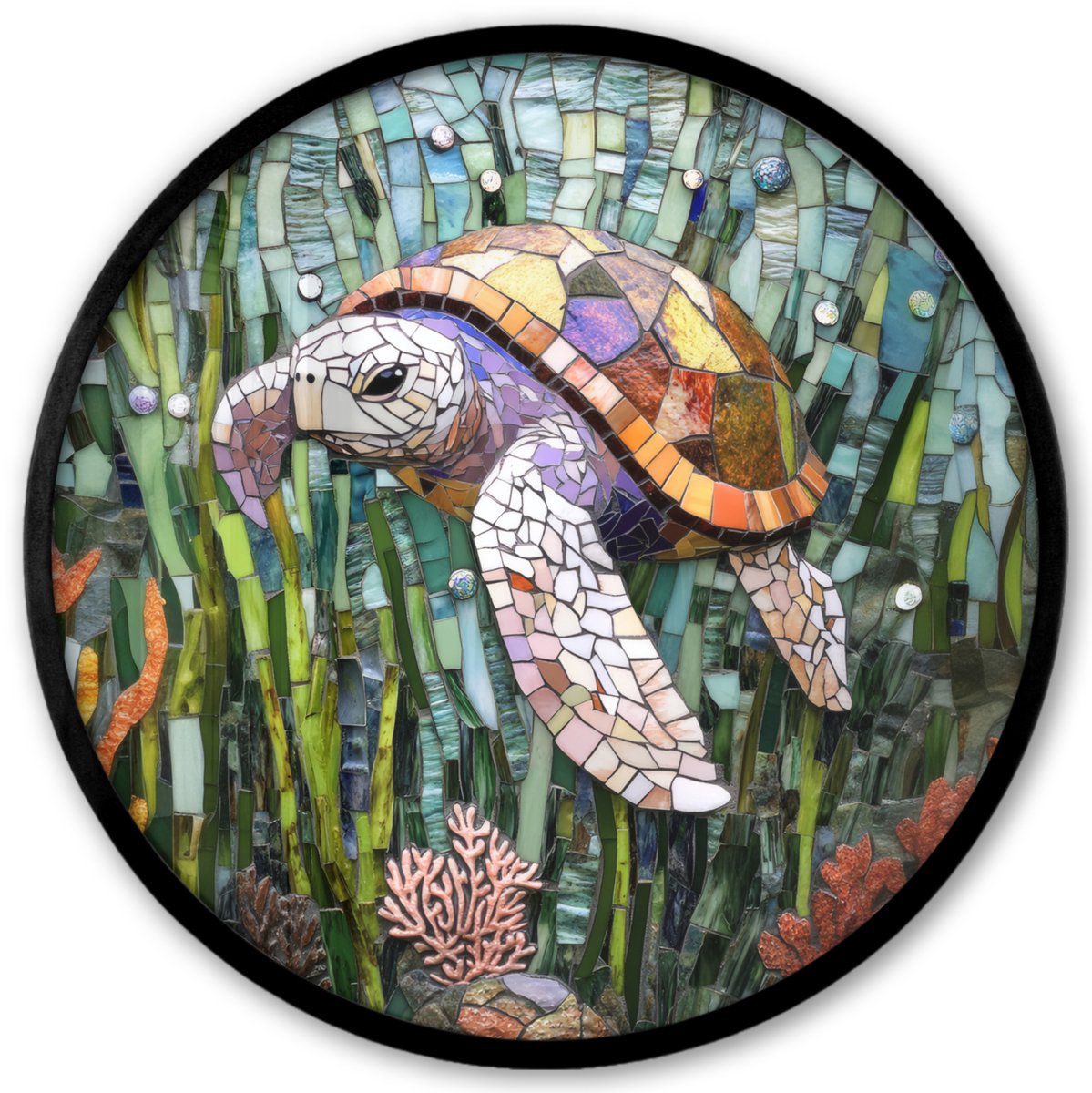 FrameYourWall Poster in lijst Rond - Fotolijst 40x40 cm - Posters - Schildpad - Zeewier - Mozaïek - Ronde posterlijst zwart - Decoratie - Wanddecoratie woonkamer - Muurdecoratie slaapkamer