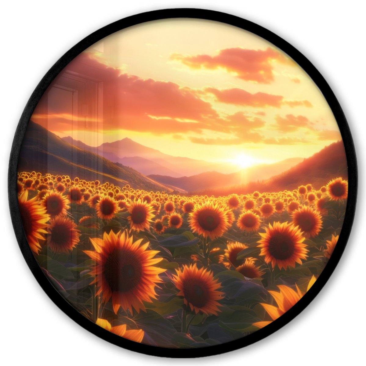 FrameYourWall Poster in lijst Rond - Fotolijst 40x40 cm - Posters - Zonnebloemen - Zonsondergang - Landschap - Ronde posterlijst zwart - Decoratie - Wanddecoratie woonkamer - Muurdecoratie slaapkamer Bloemen - Zonnebloemen