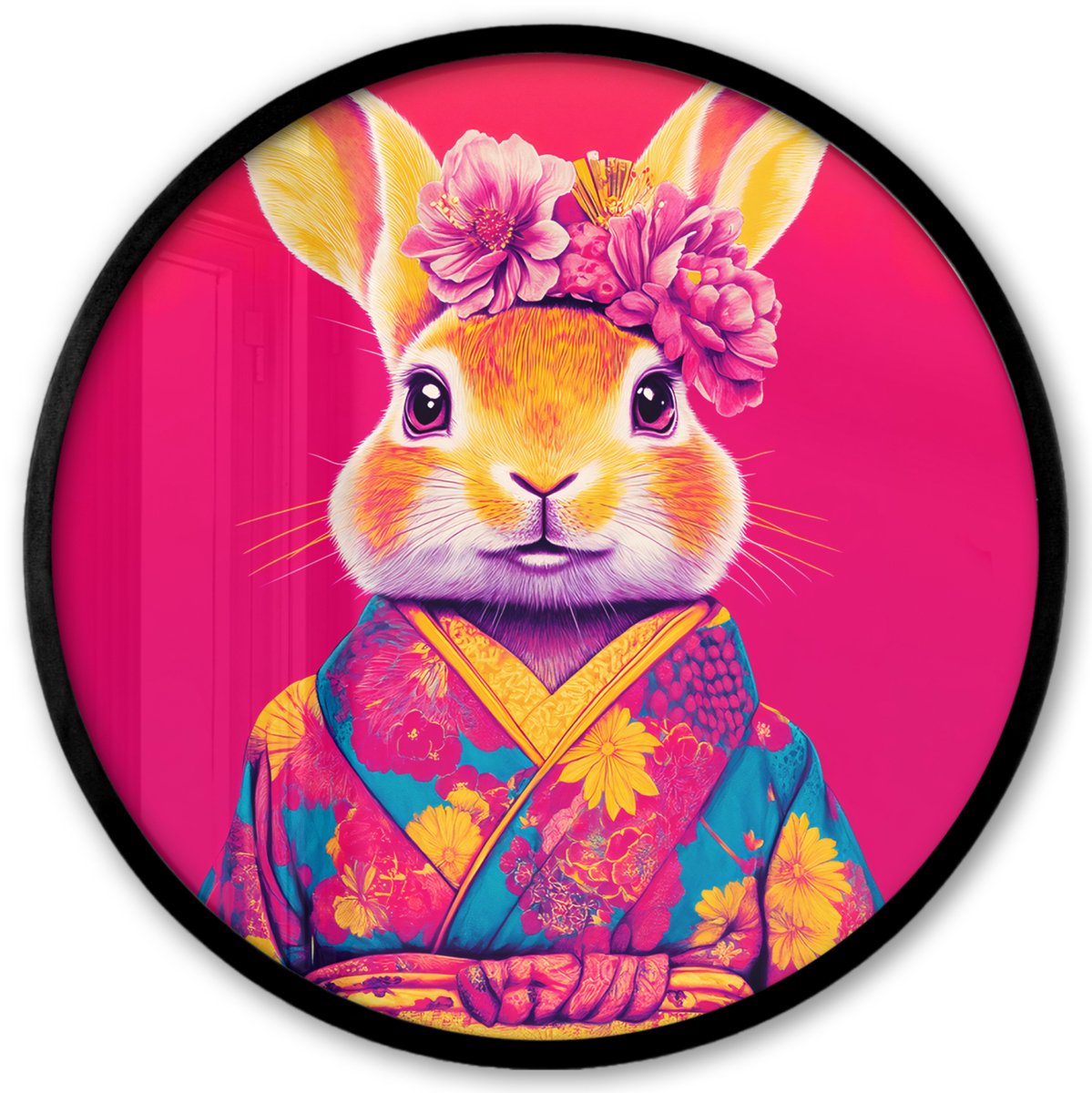 FrameYourWall Poster in lijst Rond - Fotolijst 40x40 cm - Posters - Konijn - Bloemen - Kleurrijk - Kimono - Ronde posterlijst zwart - Decoratie - Wanddecoratie woonkamer - Muurdecoratie slaapkamer
