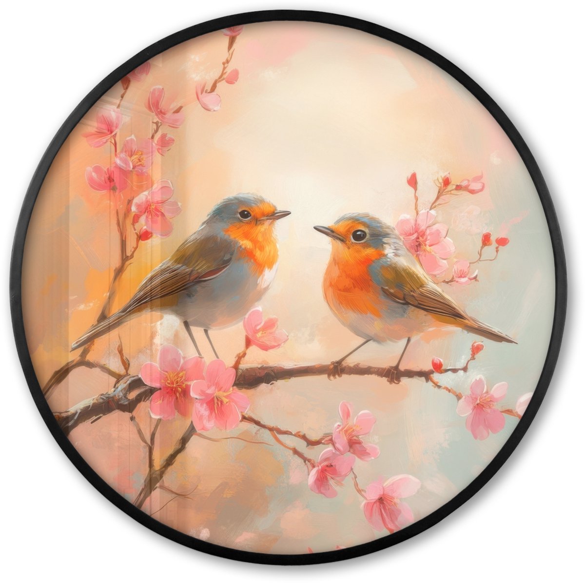 FrameYourWall Poster in lijst Rond - Fotolijst 60x60 cm - Posters - Roodborstjes - Sierlijk - Bloesemtak - Ronde posterlijst zwart - Decoratie - Wanddecoratie woonkamer - Muurdecoratie slaapkamer Vogels - Bloemen