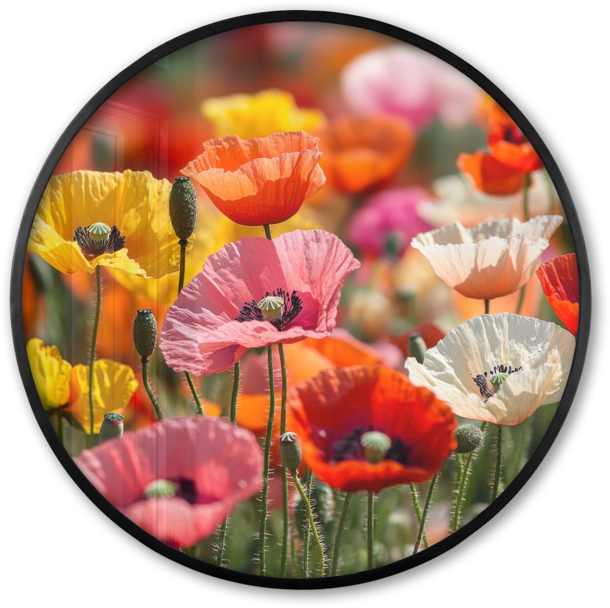 FrameYourWall Poster in lijst Rond - Fotolijst 60x60 cm - Posters - Bloemenveld - Klaprozen - Kleurrijk - Ronde posterlijst zwart - Decoratie - Wanddecoratie woonkamer - Muurdecoratie slaapkamer
