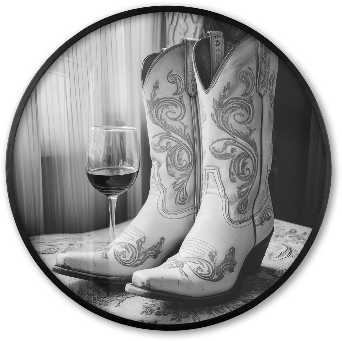 FrameYourWall Poster in lijst Rond - Fotolijst 60x60 cm - Posters - Wijn - Cowboylaarzen - Raamlicht - Wit - Ronde posterlijst zwart - Decoratie - Wanddecoratie woonkamer - Muurdecoratie slaapkamer Cowboylaarzen - Wijn