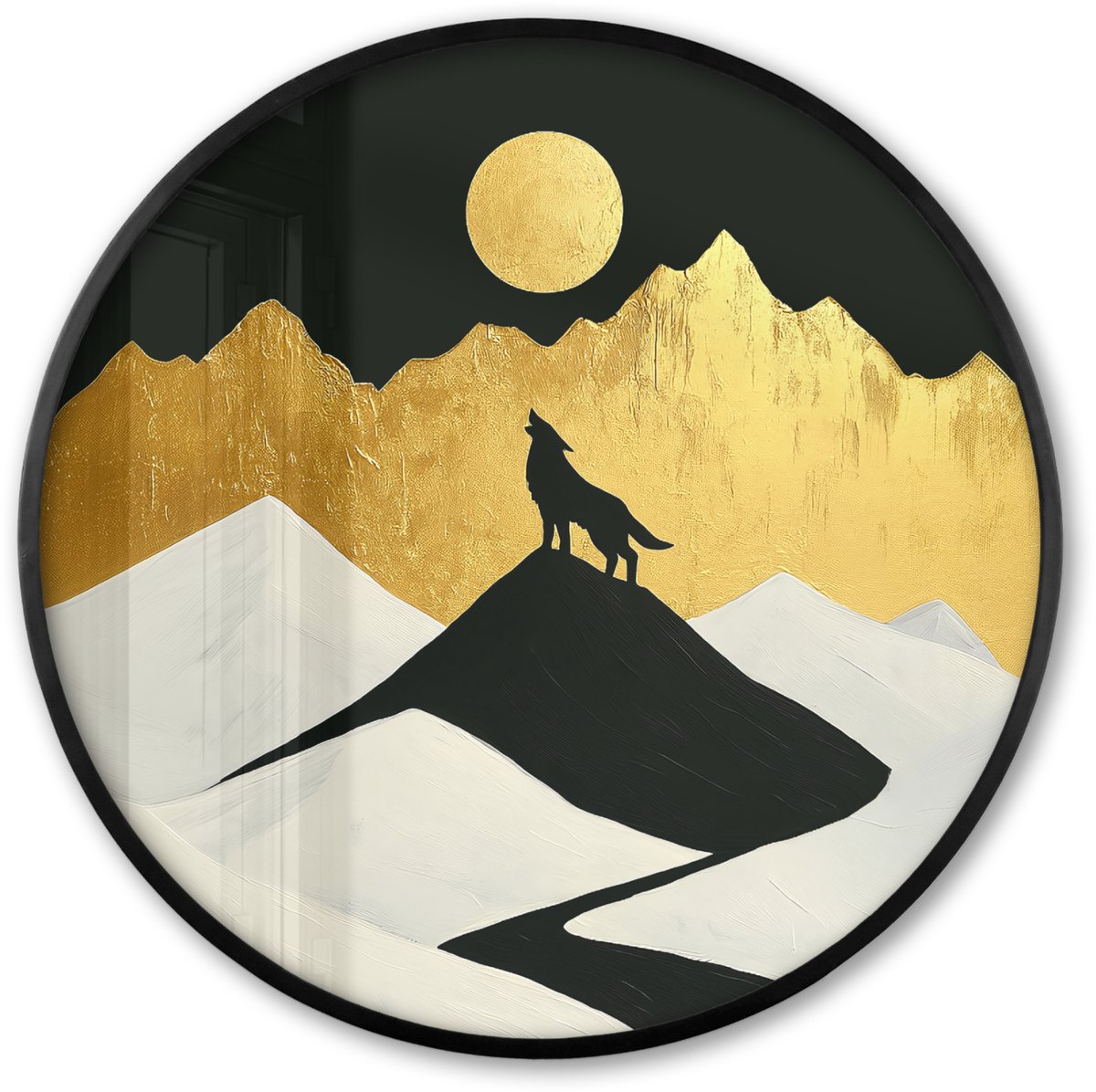FrameYourWall Poster in lijst Rond - Fotolijst 60x60 cm - Posters - Wolf - Bergen - Maan - Zwart - Ronde posterlijst zwart - Decoratie - Wanddecoratie woonkamer - Muurdecoratie slaapkamer