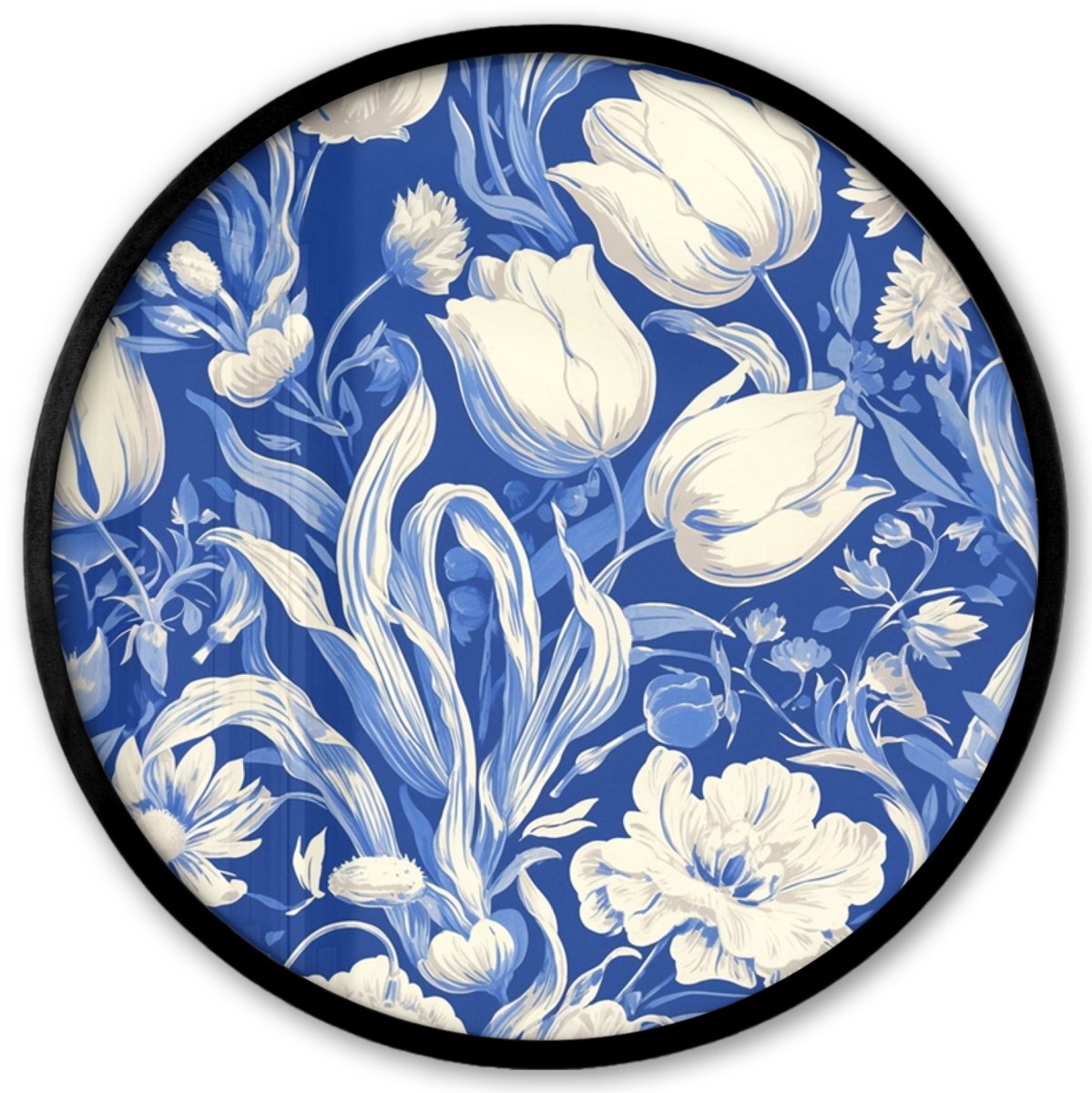 FrameYourWall Poster in lijst Rond - Fotolijst 40x40 cm - Posters - Bloemen - Delfts Blauw - Patroon - Tulp - Ronde posterlijst zwart - Decoratie - Wanddecoratie woonkamer - Muurdecoratie slaapkamer Bloemen - Tulpen