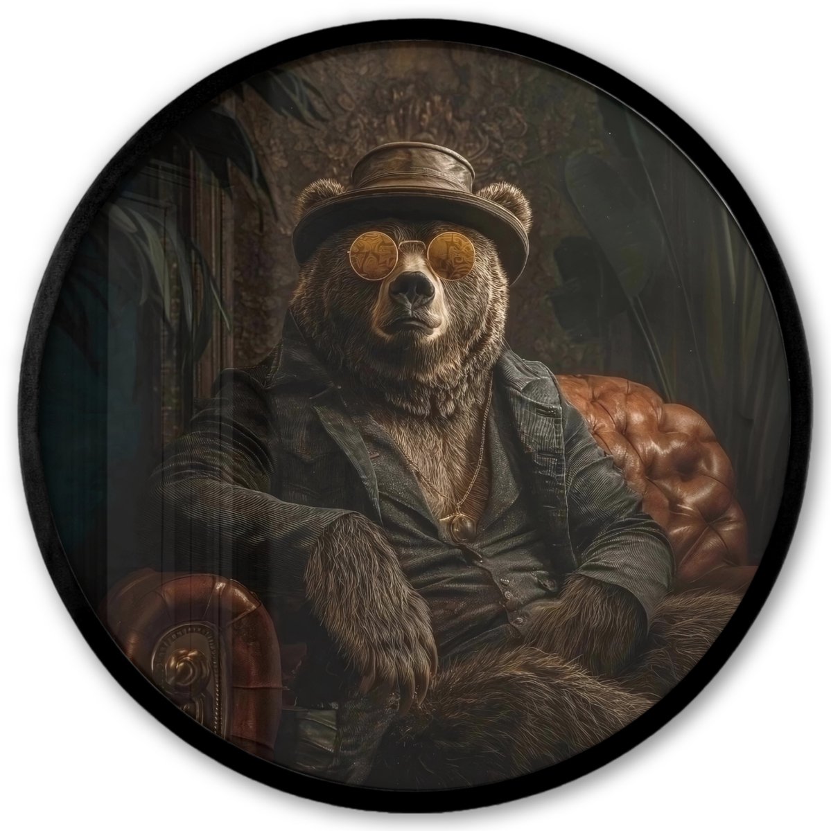 FrameYourWall Poster in lijst Rond - Fotolijst 40x40 cm - Posters - Beer - Bruin - Pak - Hoed - Ronde posterlijst zwart - Decoratie - Wanddecoratie woonkamer - Muurdecoratie slaapkamer Hert - Hoed