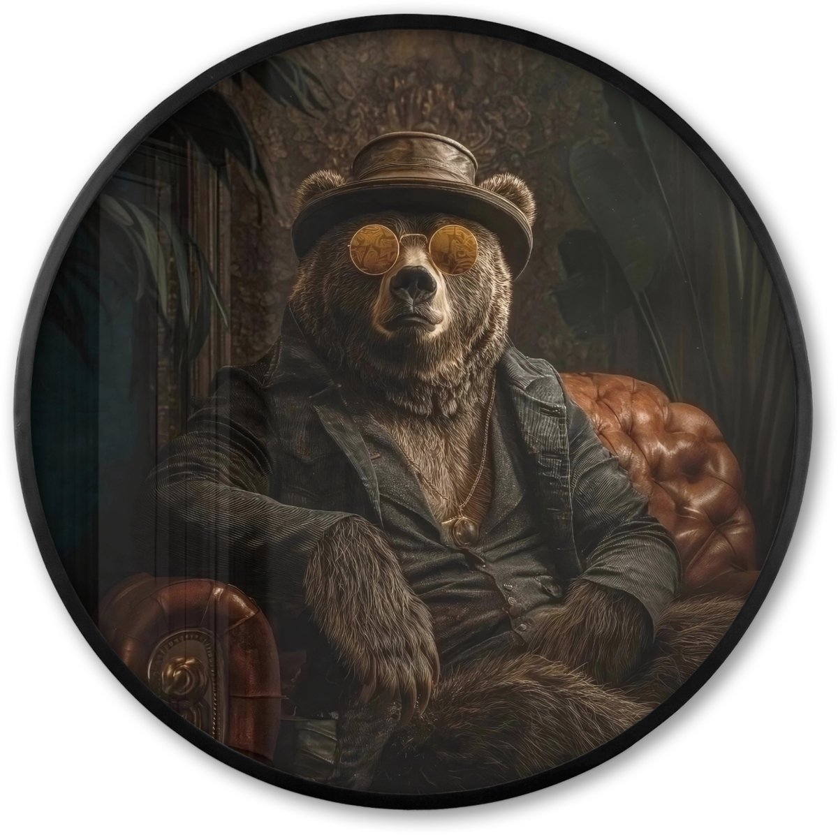 FrameYourWall Poster in lijst Rond - Fotolijst 60x60 cm - Posters - Beer - Bruin - Pak - Hoed - Ronde posterlijst zwart - Decoratie - Wanddecoratie woonkamer - Muurdecoratie slaapkamer Hert - Hoed