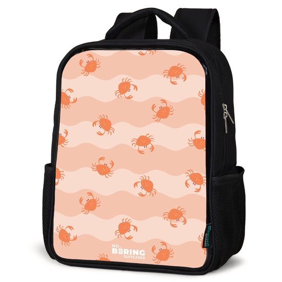 NoBoringSuitcases.com® - Rugzak zwart - Schooltas jongen & meisje - Oranje krabben op golvende achtergrond - Rugtas voor school - Boekentas kind - Schoolrugzak - Kinderrugzak