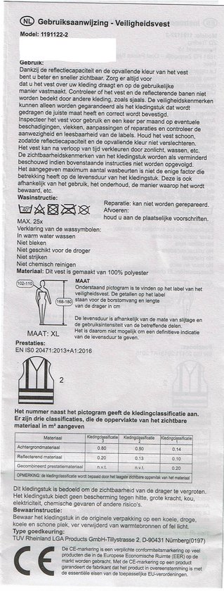 Gele veiligheidsvest met tekst en certificering EN ISO 20471. Instructies voor gebruik, onderhoud en maten.