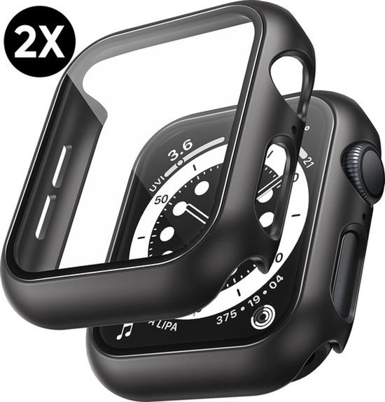 Twee zwarte Apple Watch hoesjes, 42mm, met screenprotector, op een Apple Watch.