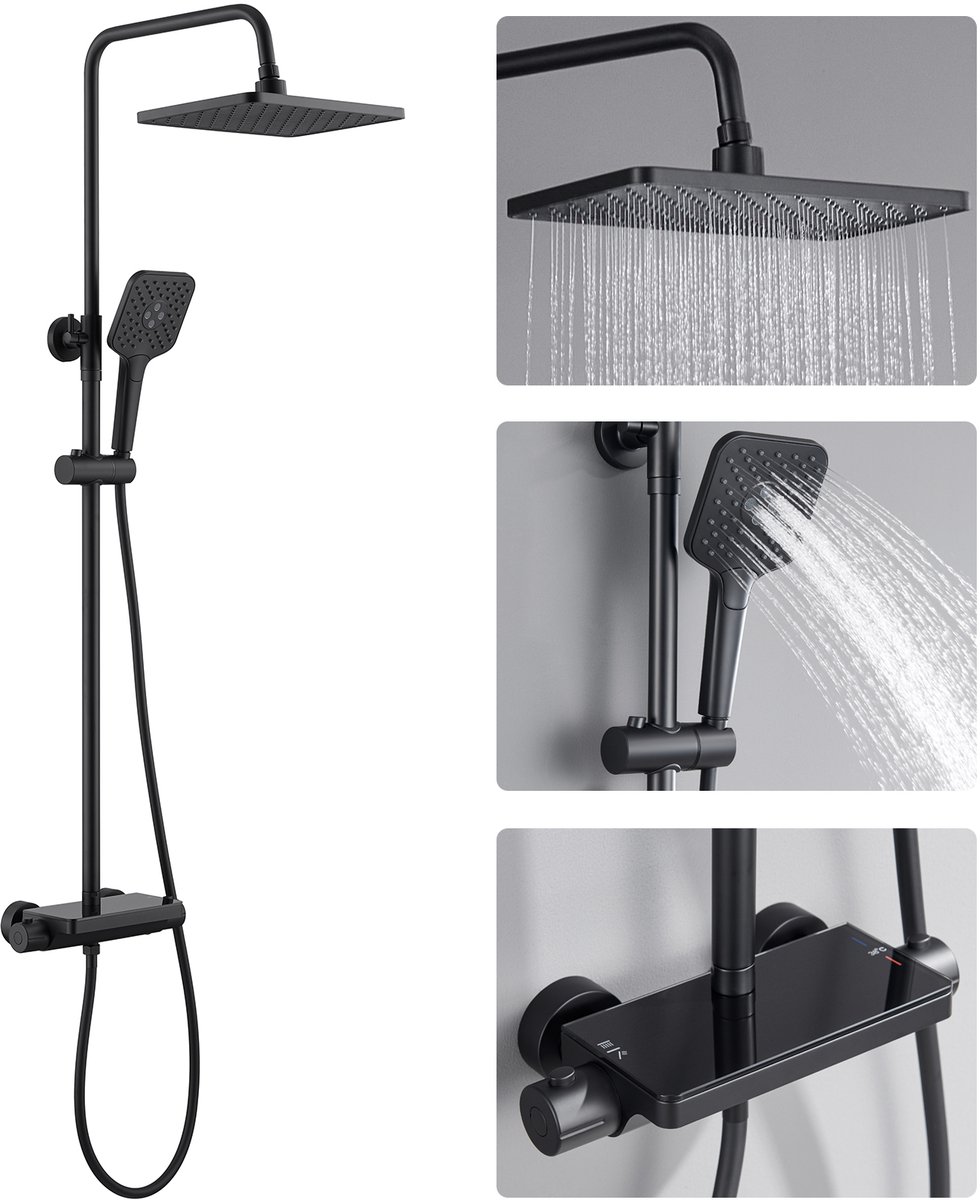 LEOHEO MAX Regendouche met Thermostaatkraan - Doucheset Zwart - Regendoucheset - Inclusief thermostaatkraan - 10 inch Douchekop - Zwart