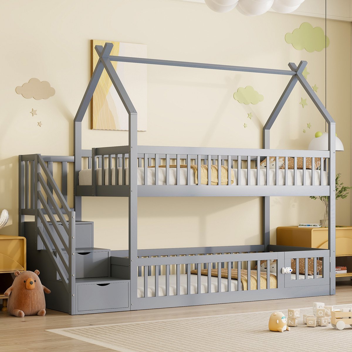 PHOEBE CAT Hoogslaper - 90x200cm - Houten kinderbed - Opbergtrap - Huisbed - Grijs