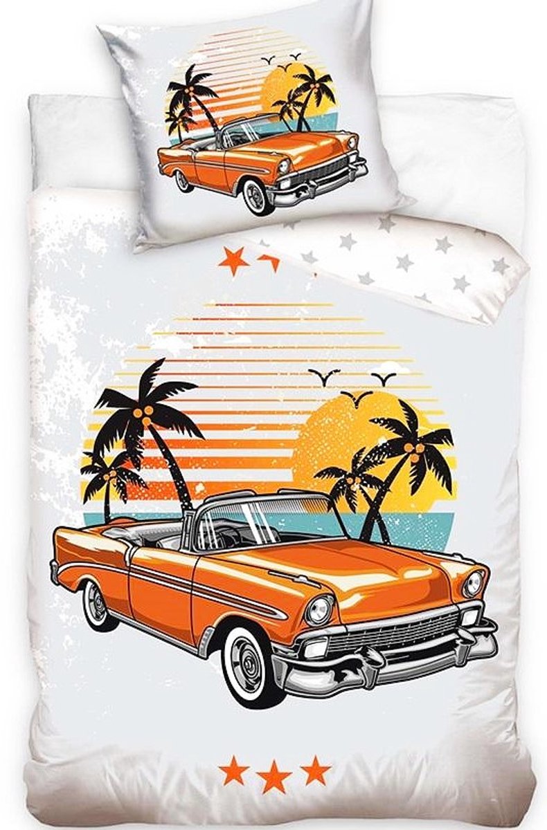 1-persoons dekbedovertrek (dekbed hoes) “retro oldtimer auto” licht grijs met oranje Amerikaanse Beverly Hills auto (car / wagen) met palmbomen en sterren KATOEN eenpersoons 140 x 200 cm (stoer beddengoed voor jongens / kinderkamer)
