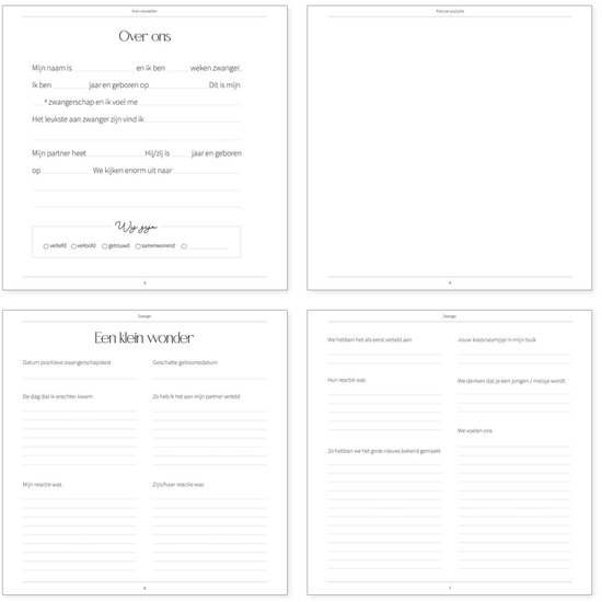 Zwangerschapsdagboek met secties voor 'Over ons', 'Een klein wonder', 'We hebben het als eerst verteld', en 'Je hebt er zoveel zin in'.