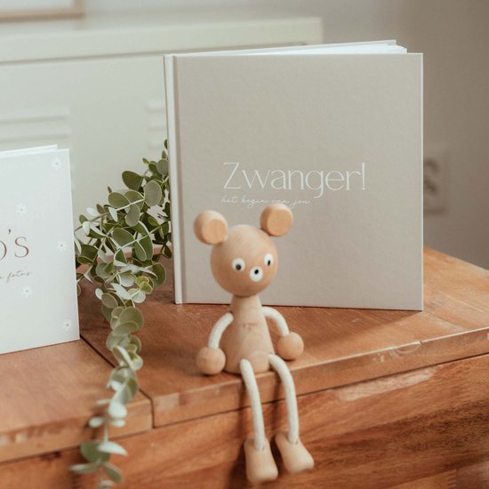 Crème zwangerschapsdagboek 'Zwanger! het begin van jou' met een houten speelgoedmuis ervoor.