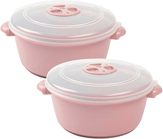 Bol pour micro-ondes - 2x - avec couvercle / valve - 1 litre - rose - plastique - sans BPA - 18 x 8 cm