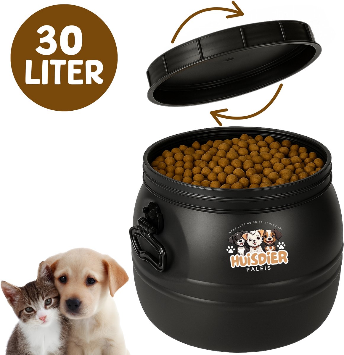HuisdierPaleis Voercontainer - Handvaten - Hond - Kat - Voerton - Schroefdeksel - 30 Liter - 15KG - Stapelbaar - Opslag