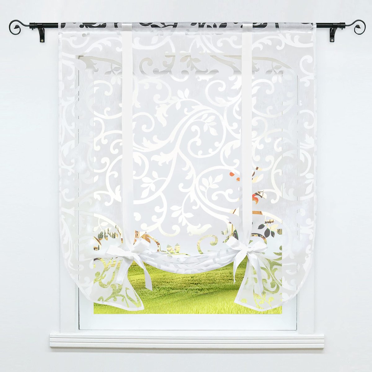 Azomor® Stijlvol wit vouwgordijn met rankenpatroon voor keuken en woonkamer 100 x 140 cm