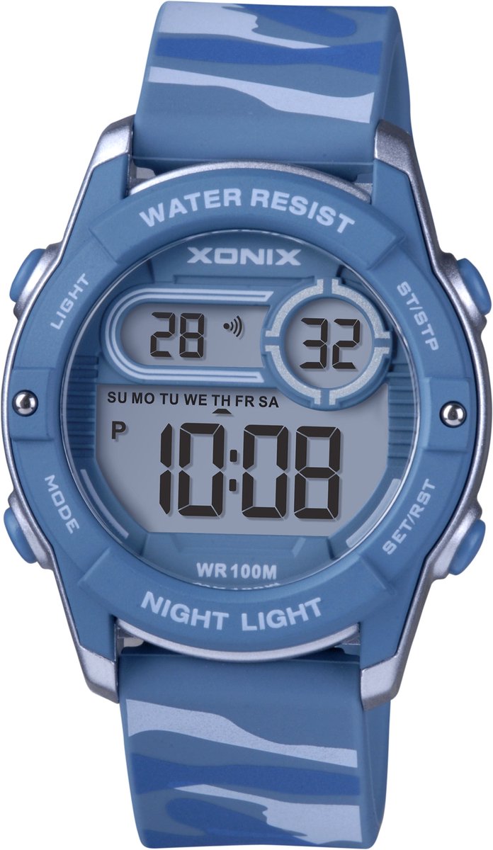 Xonix-herenhorloge-jongens-model baz-a04-alarm-datum-timer-chrono-12-24 uurs aanduiding-100 meter waterdicht-camouflageprint-blauw