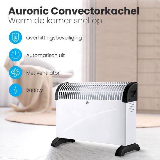 Auronic Elektrische Convectorkachel - 3 Warmtestanden Met Ventilator - 750/1250/2000 Watt - Regelbare Thermostaat - Ventilatorkachel - Oververhittingsbescherming - Wit