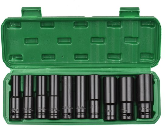 1/2 Inch Impact Doppenset 10-Delig – Diep 10-24mm – CR-V Verlengde Doppen – Slagmoersleutel – Opbergkoffer – Geschikt voor Slagmoersleutel & Elektrische Dopsleutel