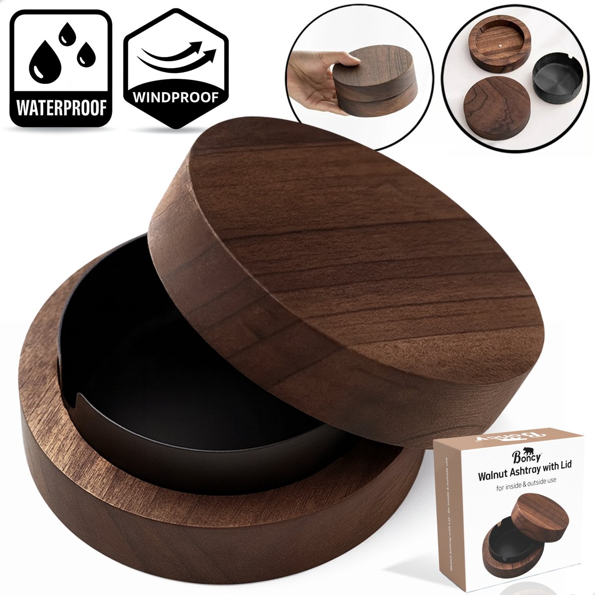 Boncy® Premium Asbak met Deksel - Walnoothout & RVS - Asbakken voor Buiten en Binnen - Asbak Auto - Terras Grote Stormasbak Weersbestendig