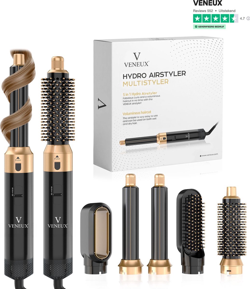 VENEUX® Föhnborstel - Airstyler - Krulborstel - Warmteborstel - 5 in 1 Multistyler - Zwart Met Goud - 2025 Editie