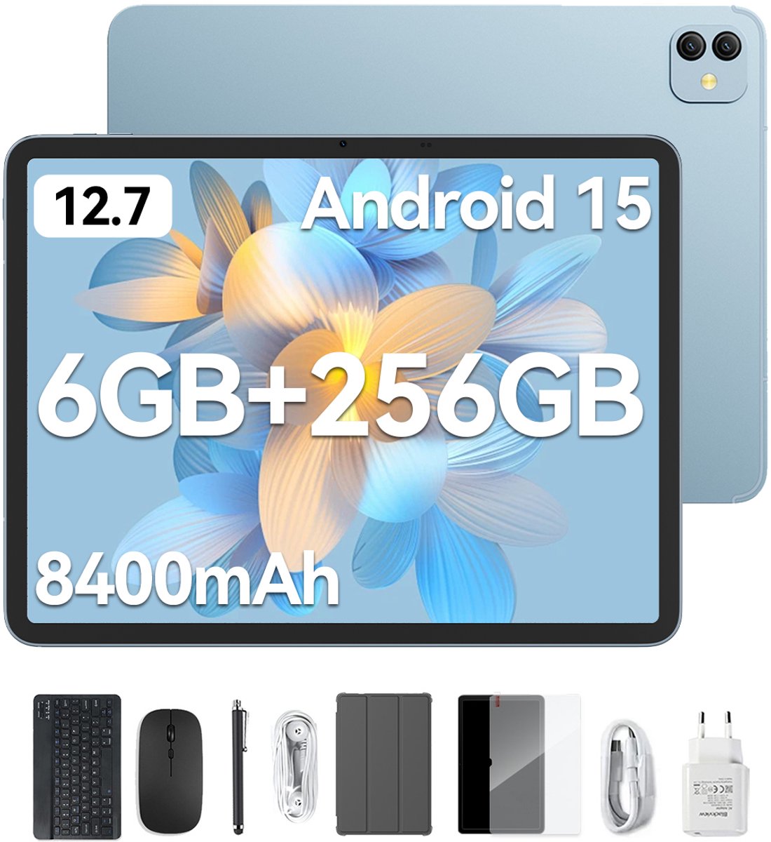 Blackview LINK 8 Tablet - Octa Core G100 Tablet - 12.7 Inch - 18 GB RAM + 256 GB ROM - Android 15 Tablet - Met Toetsenbord(QWERTY), Beschermhoes, Muis, Stylus - 8400 mAh - 90 Hz 2K FHD Scherm - Widevine L1 - 5G WiFi - Gezichtsherkenning - Blauw