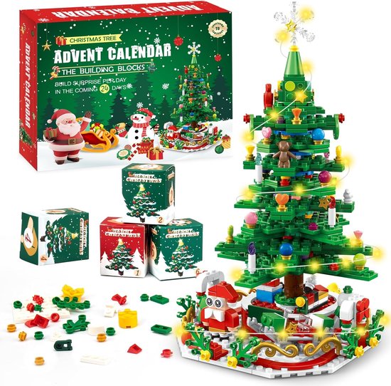 Adventskalender 2025 - Adventskalender – Bouwstenen - Kinder Bouwset met Licht – Kerstboom Bouwspeelgoed – Creatief & Educatief – Jongens & Meisjes – Feestdagen Cadeau