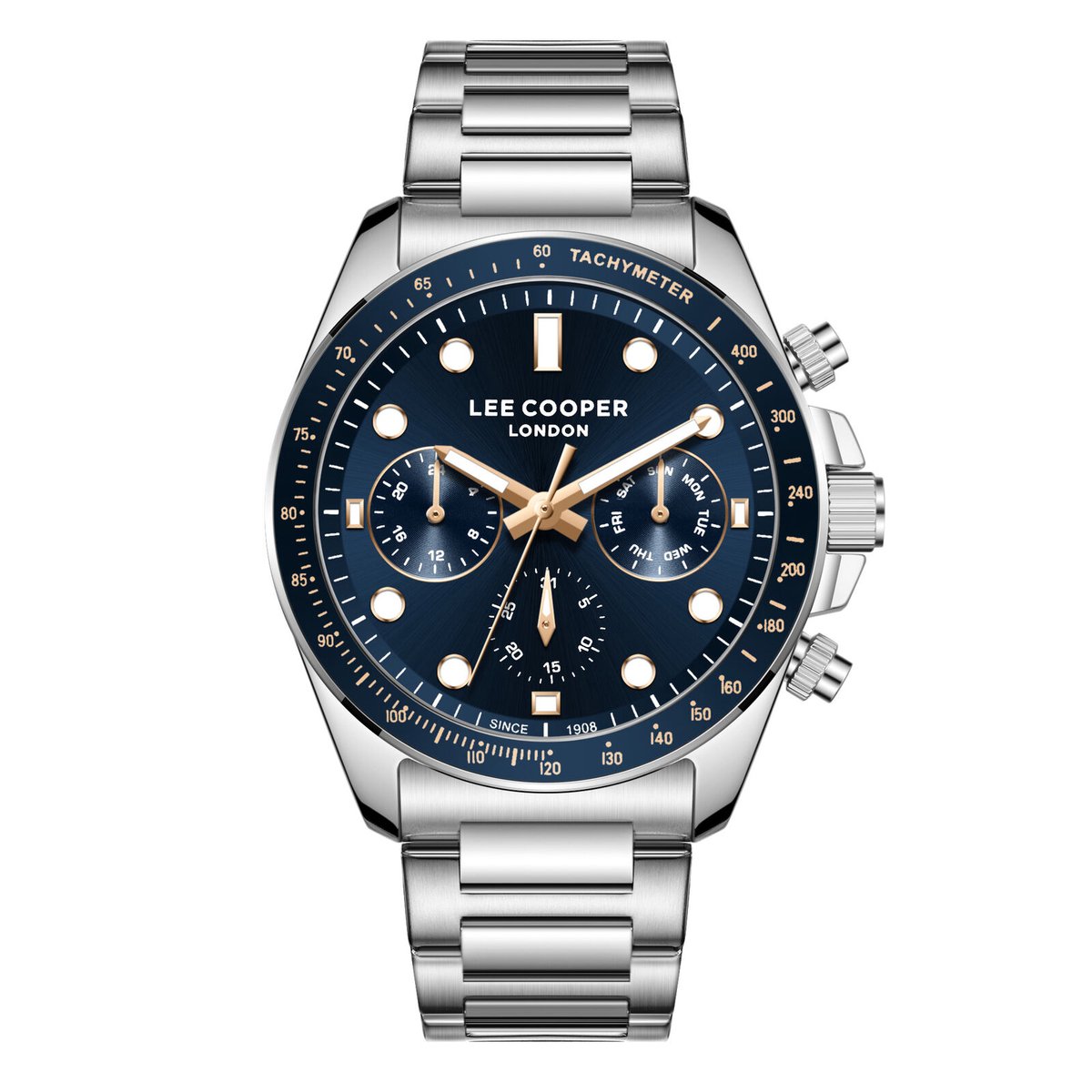 Lee Cooper LC08215.360 - Horloge - Polshorloge - Analoog - Heren - Mannen - Stalen band - Metaal - Rond - Strepen - Bolletjes - Cijfers - Kalender - Dagaanduiding - Dual time - 12-24 - Tachymeter - Zilverkleurig - Rosékleurig - Donkerblauw - Wit