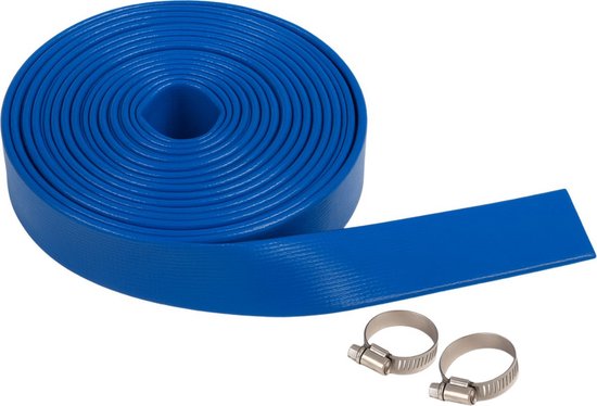 Opgerolde, platte blauwe slang met textuur en twee slangklemmen.