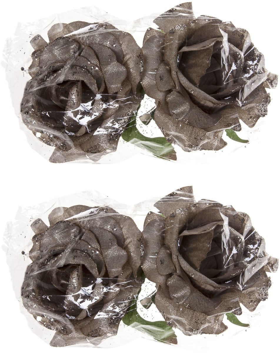 Cosy & Trendy Kerstboomversiering Bloemen - 4x stuks - 10 cm - zilver glitter - op clip - ornament
