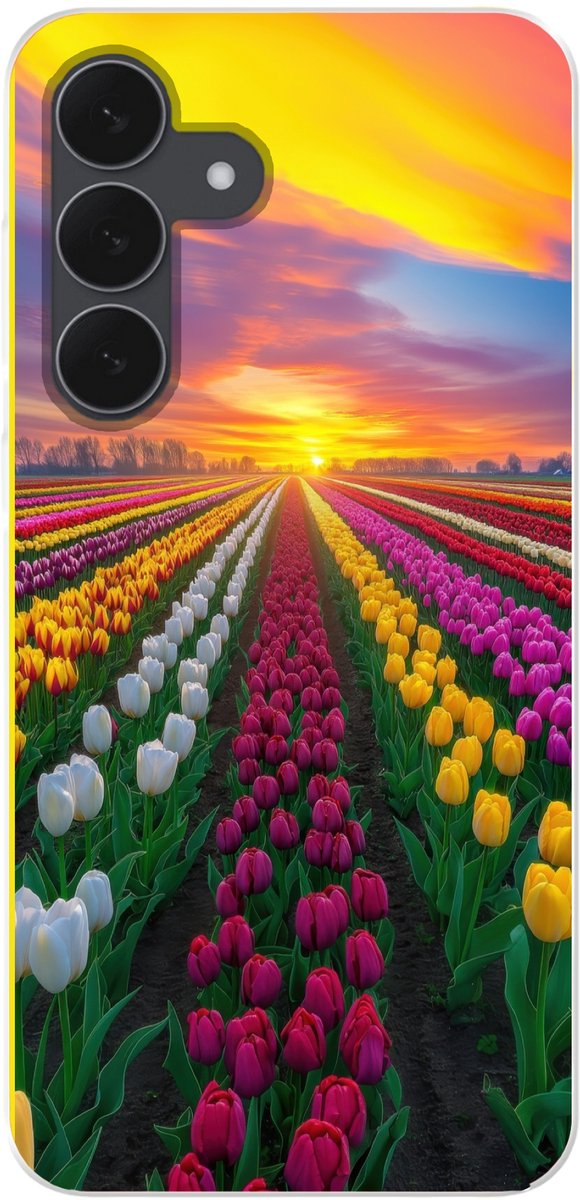 Telefoonhoesje Geschikt voor Samsung Galaxy S25 FE hoesje - Tulpenveld - Zonsondergang - Kleurrijk - Siliconen Telefoonhoesje Telefoonhoesje