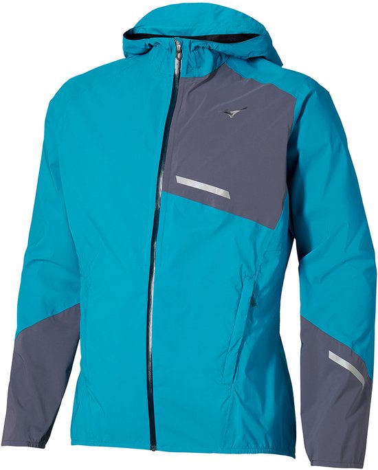Blauwe Mizuno jas met capuchon, donkergrijs op de linkerborst, mouwen en zijkanten.