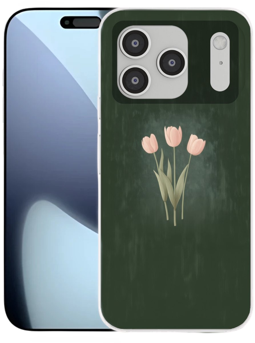 Telefoonhoesje Geschikt voor iPhone 17 Pro hoesje - Tulpen - Liefde - Donkergroen - Siliconen Telefoonhoesje Telefoonhoesje