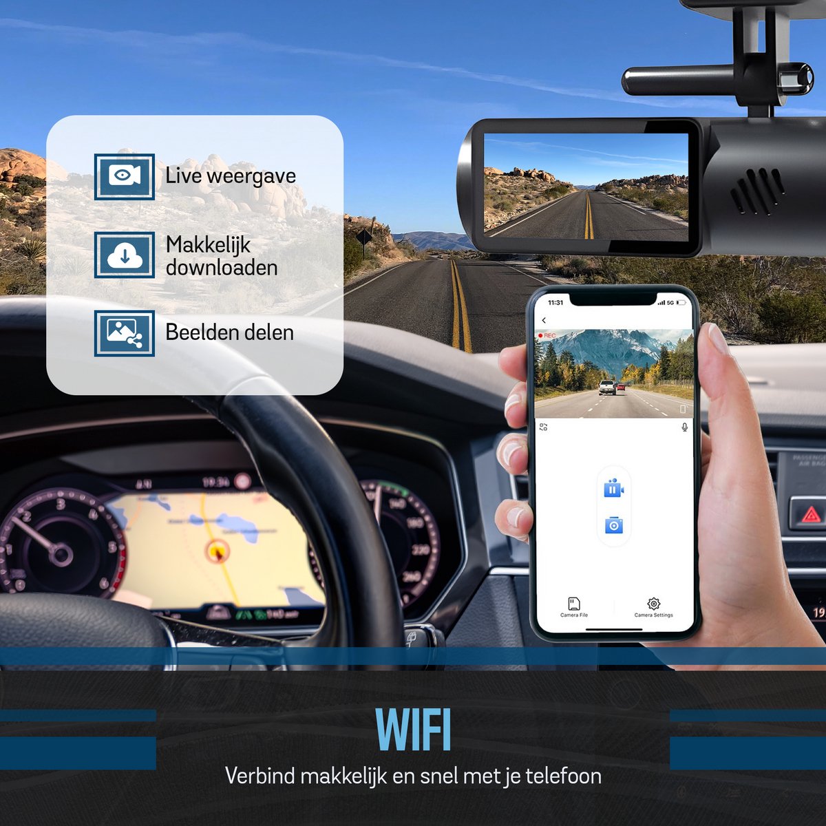 Tech Essentials B100 Dashcam - 720P - Wifi - SD Kaart 64GB - Met Achteruitrijcamera - USB-C - Voor Auto Camera - Voor En Achter - Nachtzicht thumbnail 4