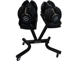 AJ-Sports Verstelbare dumbell set 2 x 24kg inclusief verrijdbare opbergstandaard - 2 t/m 24kg - Gewichten - Dumbell Set - Gewichten set - Halterset - Fitness gewichten - Krachttraining - Fitness - Zwart