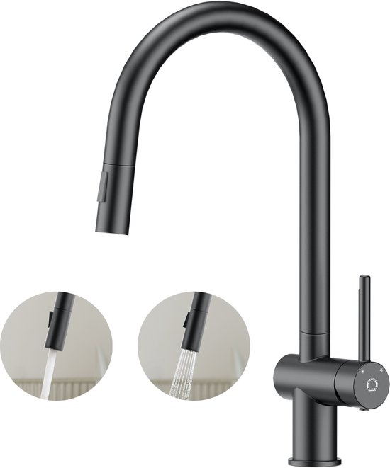 Robinet de cuisine noir avec tête rétractable et deux options de jet.