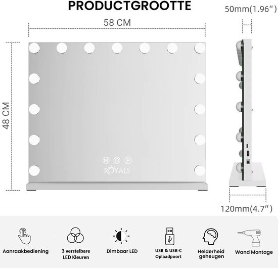 Royals Hollywood Spiegel 58x46CM - 15x Led Lampen - USB + USB-C Oplaadpoort - 10x Vergroting - 3 lichtstanden - Dimbaar - Smart Touch - hollywood spiegel met verlichting - Spiegel met verlichting - Make Up Spiegel - Visagie spiegel