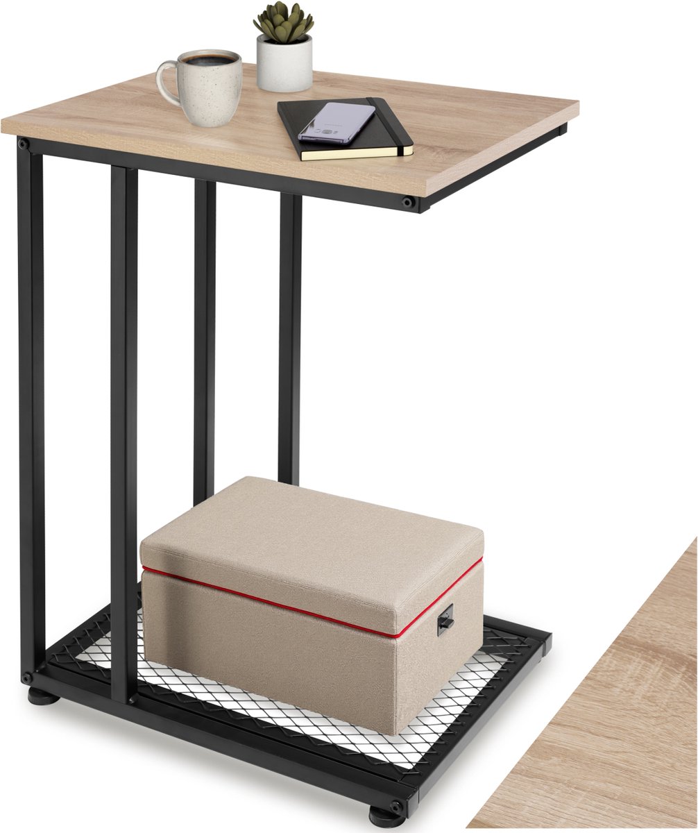 tectake® C-Vormige Bijzettafel van Hout en Metaal – Industrieel Design, Salontafel met Roosterplank, 48x35x66 cm, Zwart Metalen Frame – Licht Sonoma Eiken