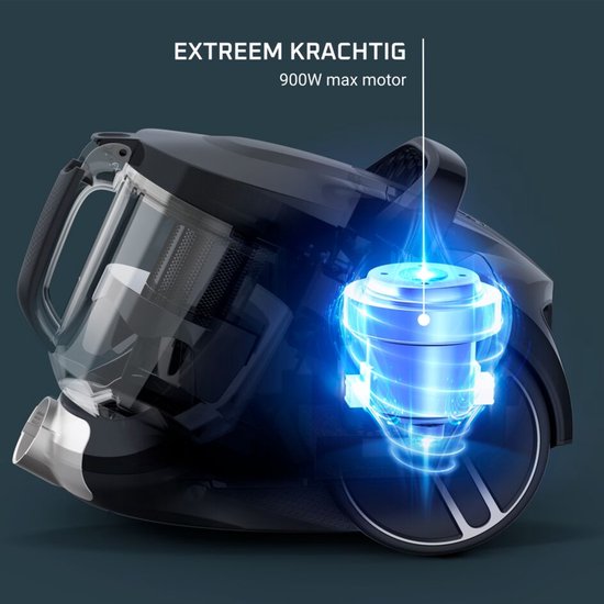 Aspirateur noir avec moteur 900W visible, texte "EXTRÊMEMENT PUISSANT".