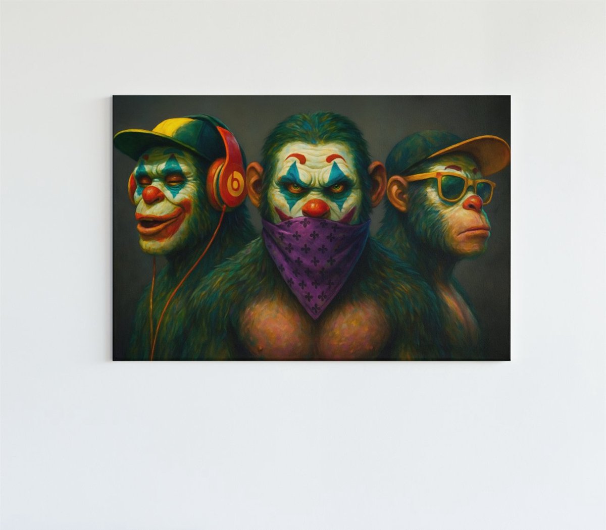 Trendex Global Canvas Schilderij - Street Art - 3 Apen - Wanddecoratie - 120x80x2 cm Kleurrijk