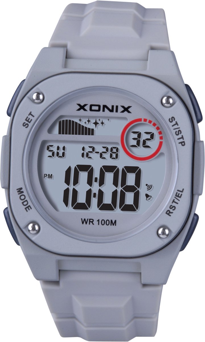 Xonix-herenhorloge-model bbm-001-datum-alarm-12-24 uurs aanduiding-backlight-countdown timer-chrono-100 meter waterdicht-grijs