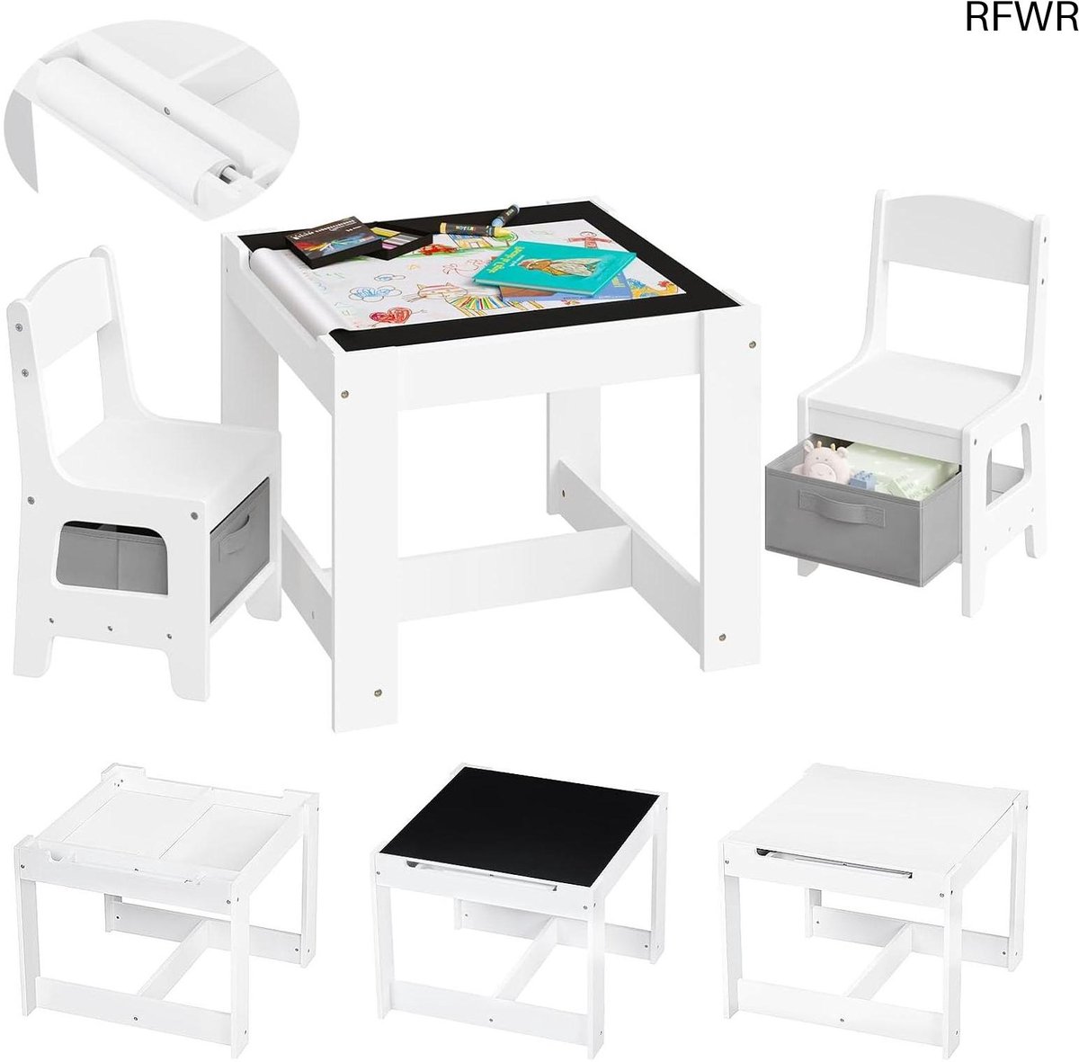 RFWR® Kindertafel met 2 Stoelen en Opbergruimte - 3-delige Kinderzitgroep voor Spelen en Creatief Bezigzijn
