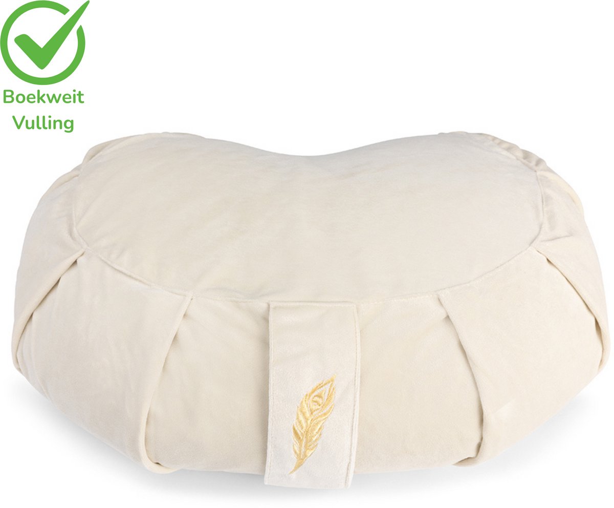 MindBaas - Meditatiekussen - Eco - Halve Maan - Crème - Velvet - Dubbel Gestikt - 12 x 45 cm (hoogte x diameter) - Yoga kussen - Yogakussen - Zit Poef - Zitkussen - Vloerkussen