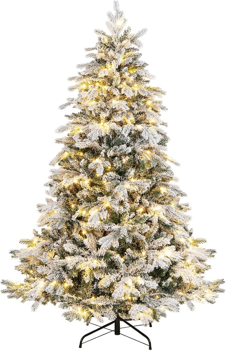 COSTWAY Kunstkerstboom, 180 cm, met sneeuwgevlokken, met warmwitte ledlampen, wit + groen