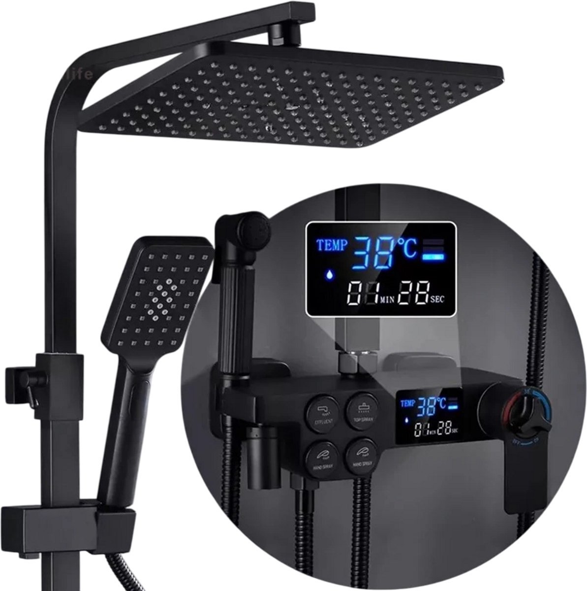 Fubzz Regendouche - Doucheset - Douche systeem - Met thermostaatkraan - Zwart - Vierkant - Verstelbaar - Temperatuur Display - 360° Draaibaar